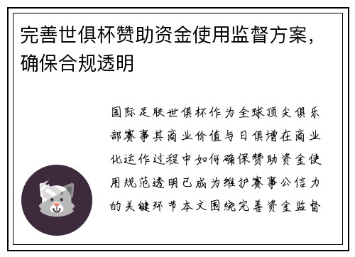 完善世俱杯赞助资金使用监督方案，确保合规透明