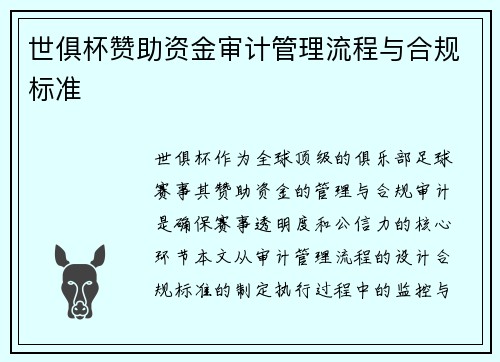 世俱杯赞助资金审计管理流程与合规标准