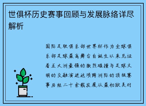世俱杯历史赛事回顾与发展脉络详尽解析